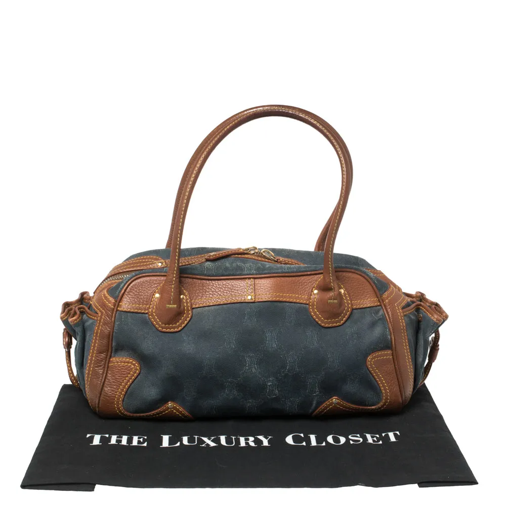 Celine Blue/Brown Macadam Denim and Leather Drawstring Pocket Satchel