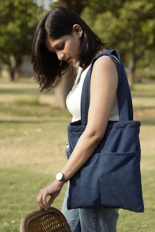 Ekatra Minimalist Corduroy Day Tote - Vincent Blue