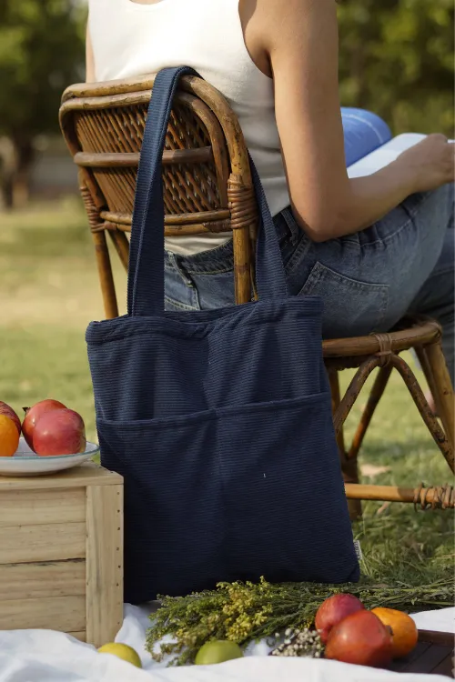 Ekatra Minimalist Corduroy Day Tote - Vincent Blue