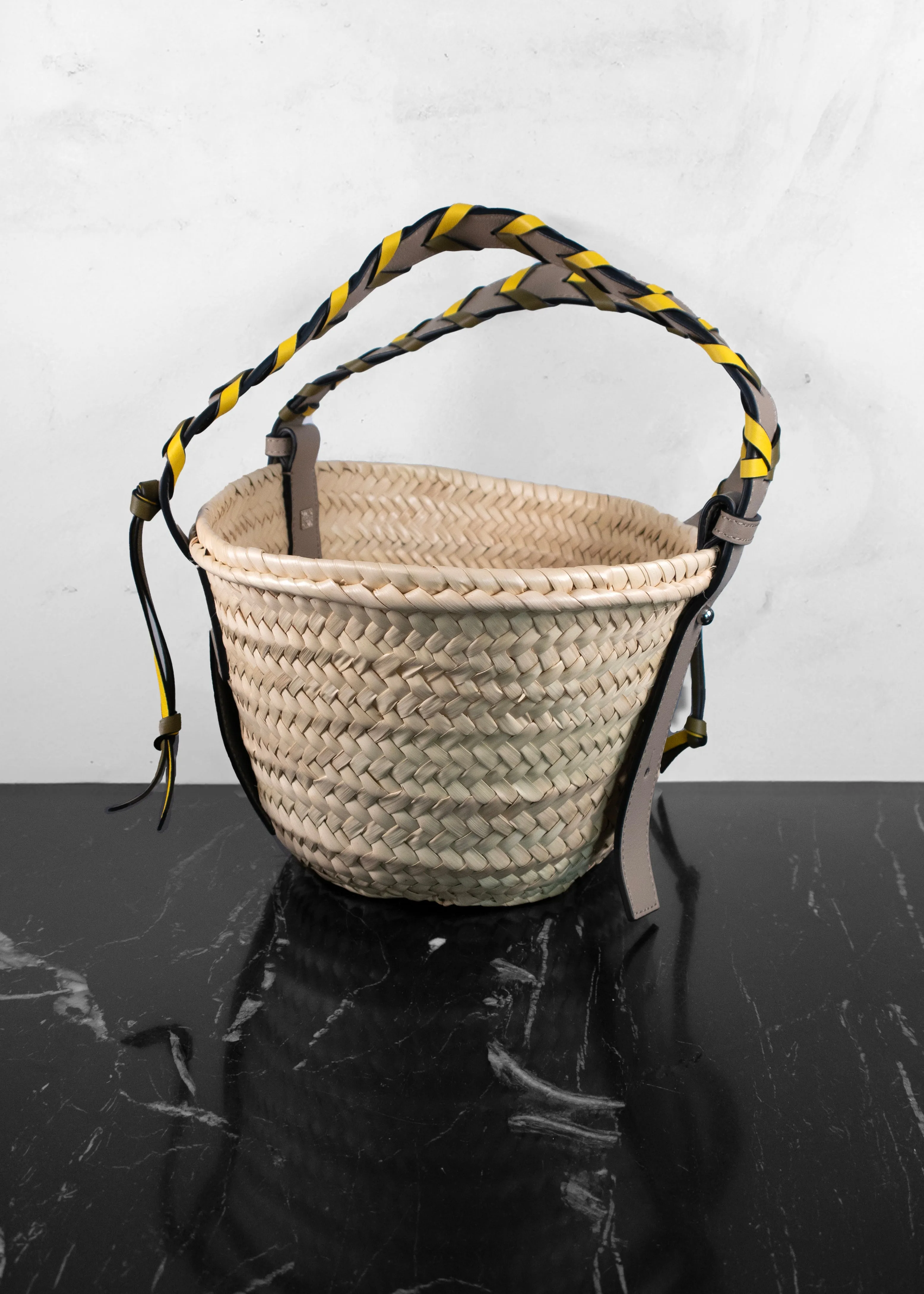 Loewe Raffia Braided Handle Olive Sand Small Basket Tote Bag