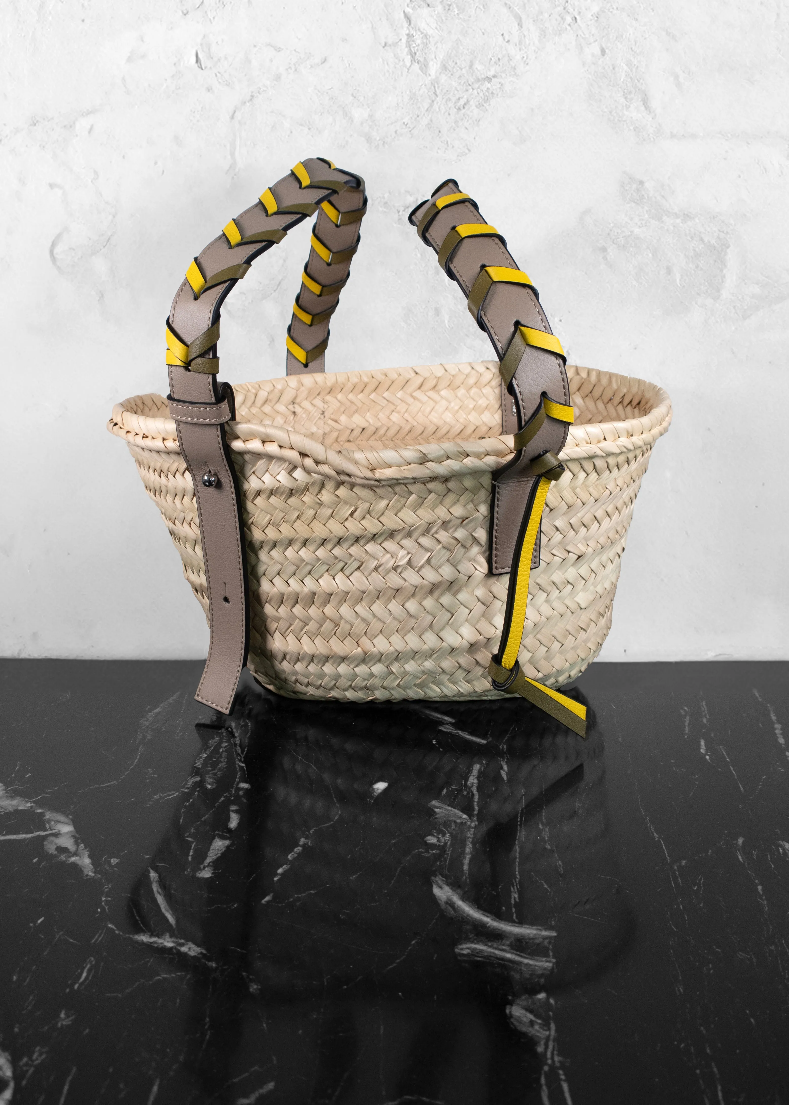 Loewe Raffia Braided Handle Olive Sand Small Basket Tote Bag