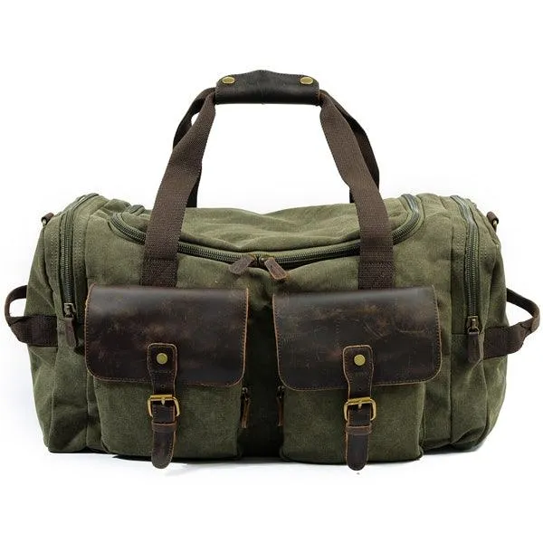 Men's Leather And Canvass  Duffel  Bag-Green